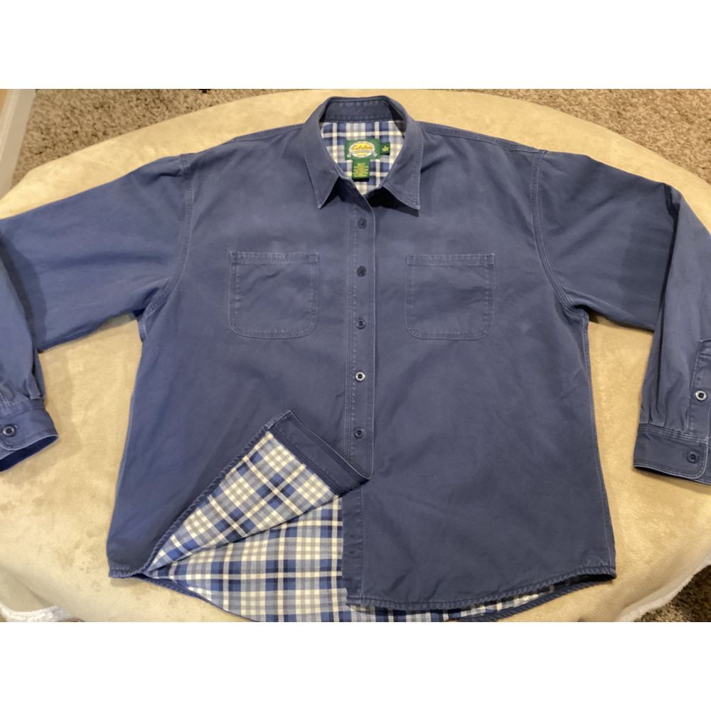 Cabelas Blue, Flannel‎ Lined Shirt, button up, Womens Large, Chore Jacket